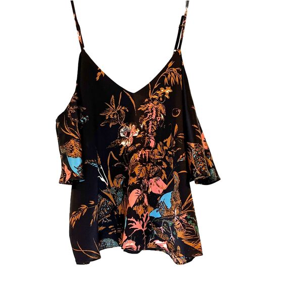 Wilfred Aritzia Draveil Black Satin Floral Blouse Cold Shoulder V-Neck Silk Sm - Picture 1 of 10